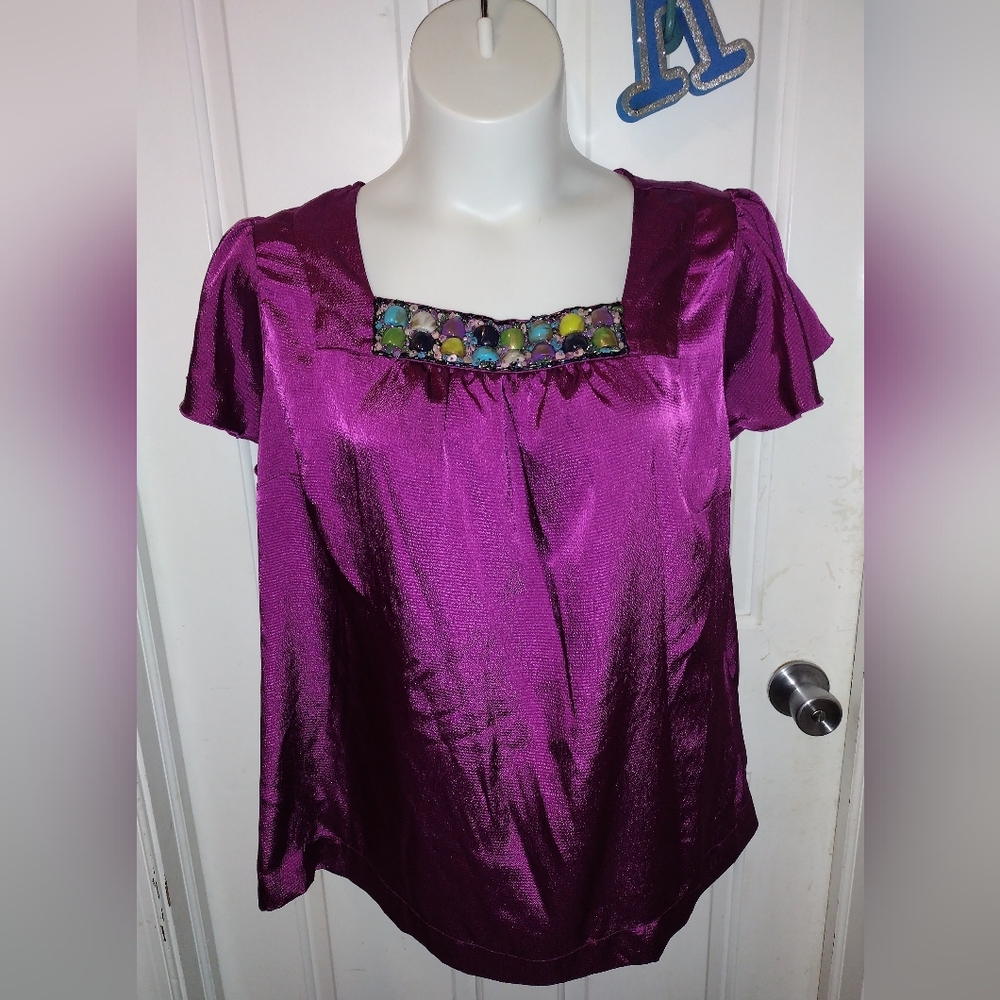 Apt. 9 Jeweled Beaded Scoop Neck Purple Satin Blouse Sz 1X